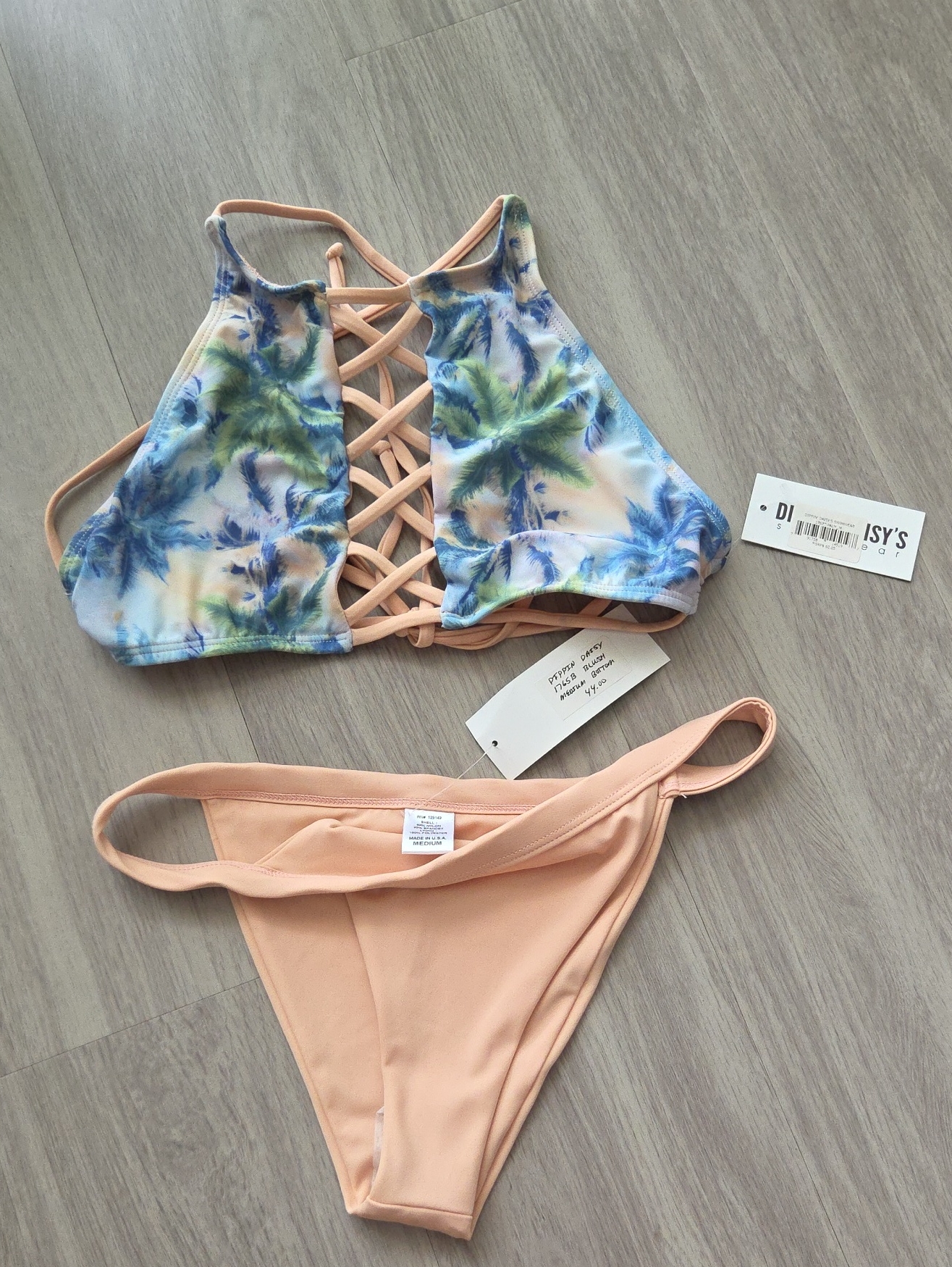 Nwt Dippin' Daisy's Peach Strappy Palm Print High Neck Bikini